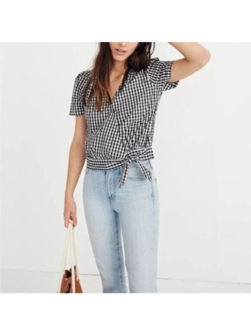 Madewell Gingham Wrap Top Mod Cottagecore Feminine Puff Sleeves